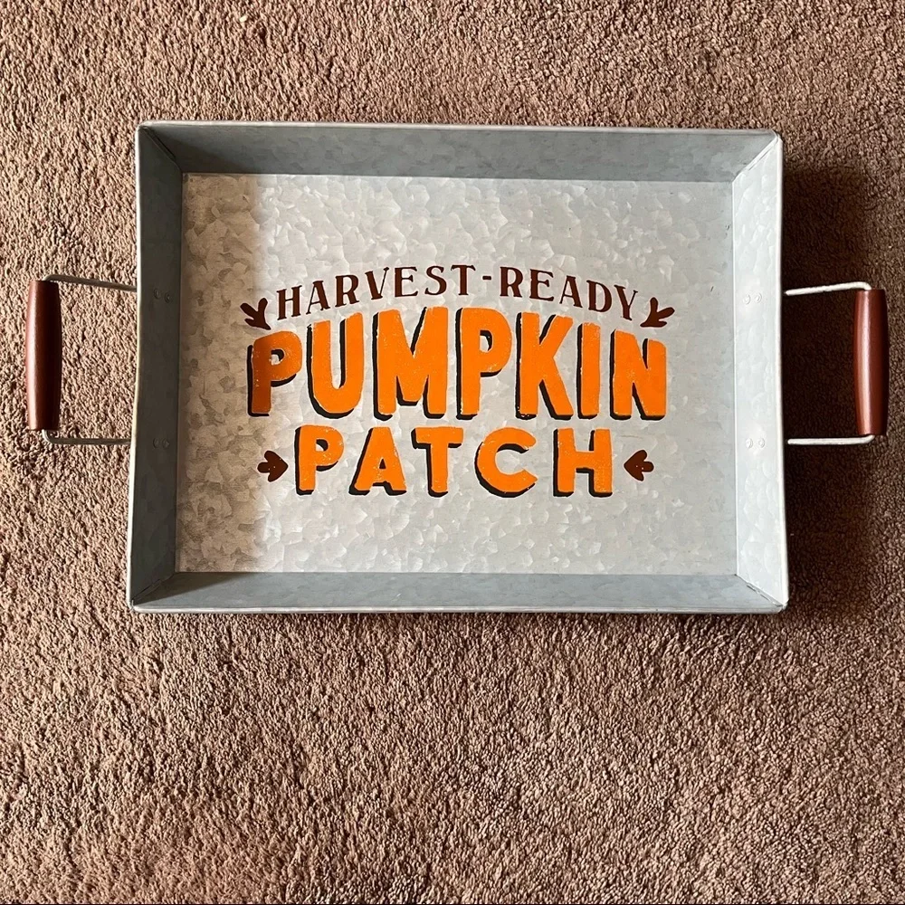 Brand new harvest ready pumpkin tray metal wood handles fall autumn Thanksgiving
